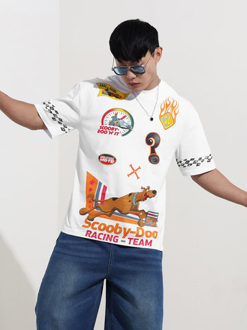 Men's White Boxy Fit Character Scooby-Doo Printed Crew Neck T-Shirt
