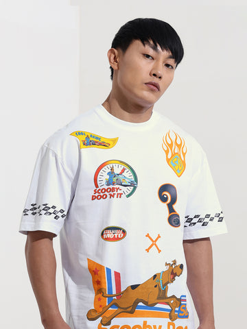 Men's White Boxy Fit Character Scooby-Doo Printed Crew Neck T-Shirt
