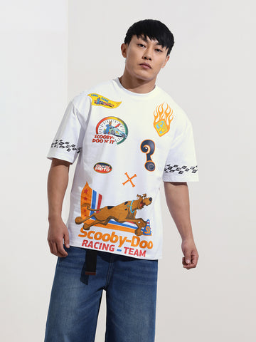Men's White Boxy Fit Character Scooby-Doo Printed Crew Neck T-Shirt
