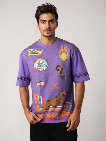 Men's Purple Boxy Fit Character Scooby-Doo Printed Crew Neck T-Shirt