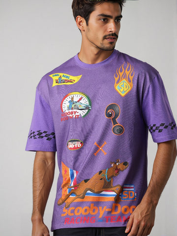 Men's Purple Boxy Fit Character Scooby-Doo Printed Crew Neck T-Shirt
