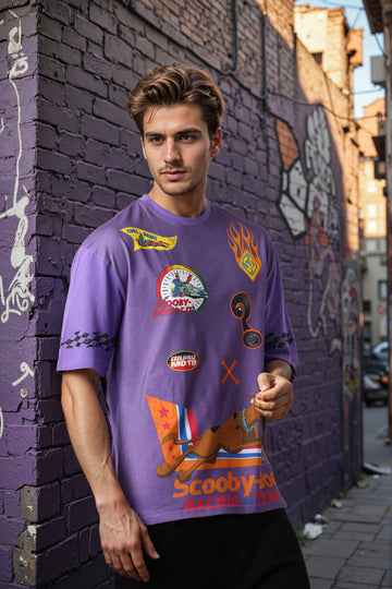 Men's Purple Boxy Fit Character Scooby-Doo Printed Crew Neck T-Shirt