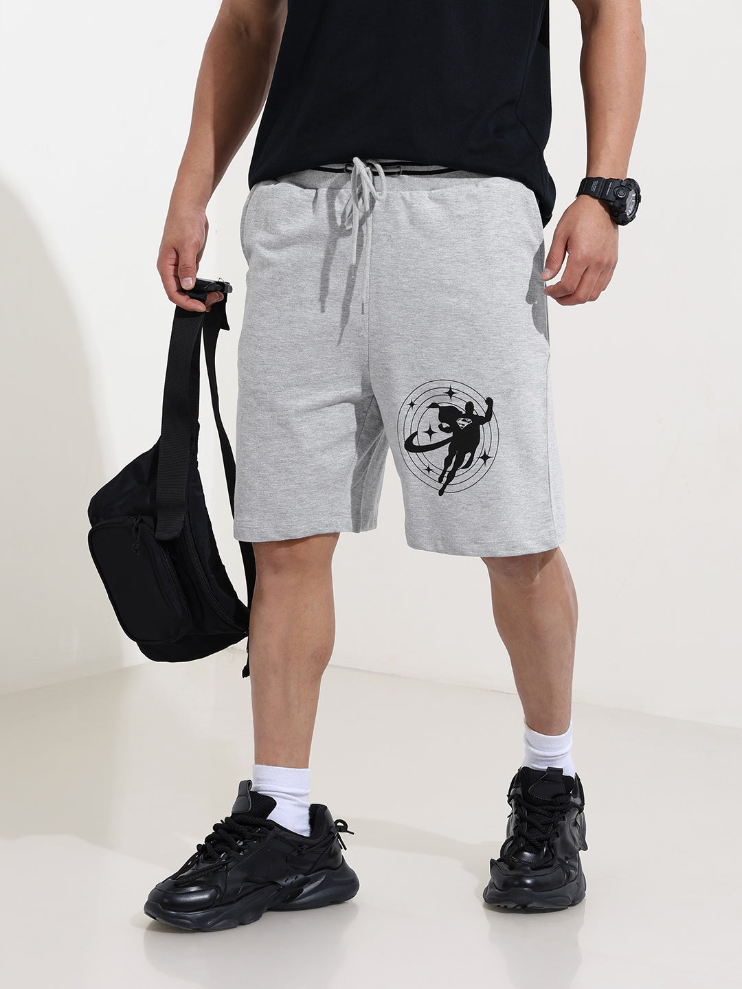 Men's Grey Relaxed Fit Character Superman Printed Shorts