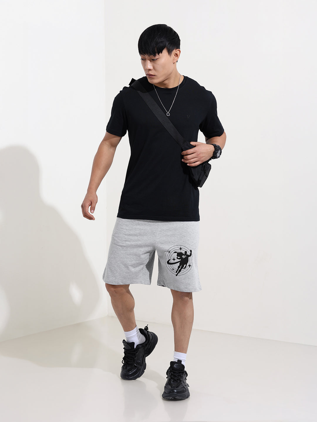 Men's Grey Relaxed Fit Character Superman Printed Shorts