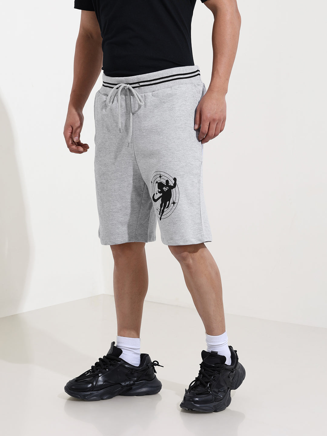 Men's Grey Relaxed Fit Character Superman Printed Shorts