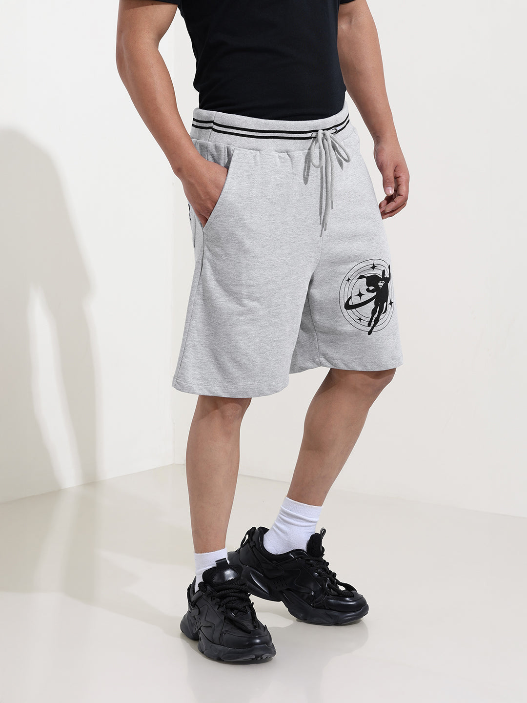 Men's Grey Relaxed Fit Character Superman Printed Shorts