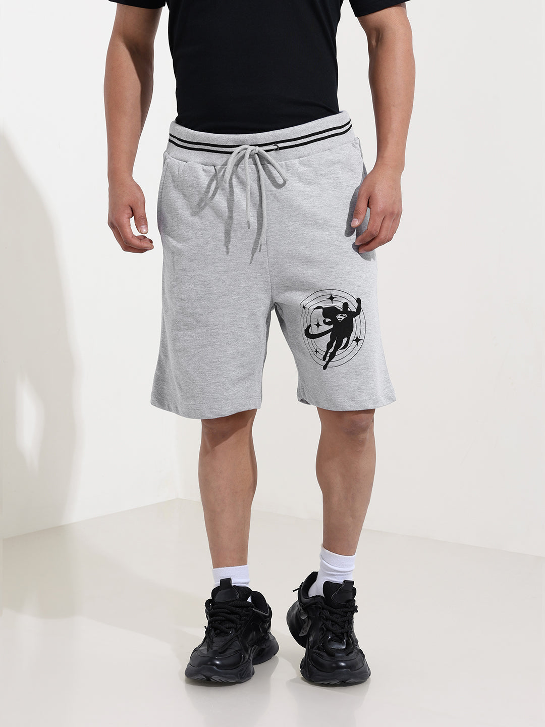 Men's Grey Relaxed Fit Character Superman Printed Shorts