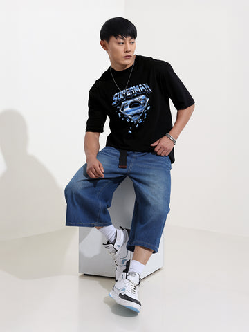 Men's Black Boxy Fit Character Superman Printed Crew Neck T-Shirt
