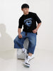 Men's Black Boxy Fit Character Superman Printed Crew Neck T-Shirt