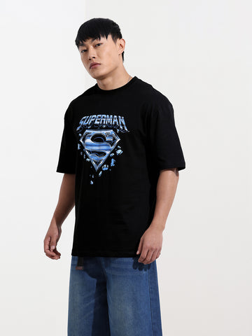 Men's Black Boxy Fit Character Superman Printed Crew Neck T-Shirt