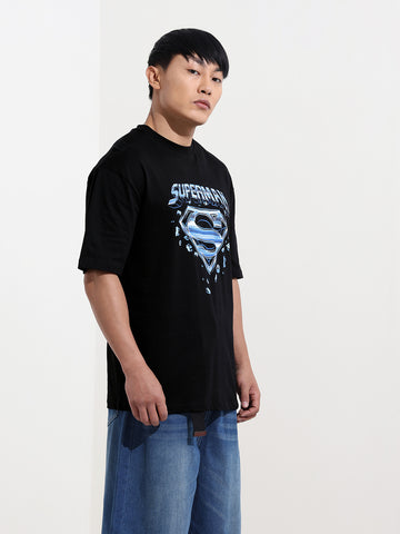 Men's Black Boxy Fit Character Superman Printed Crew Neck T-Shirt