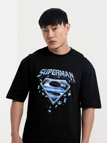 Men's Black Boxy Fit Character Superman Printed Crew Neck T-Shirt