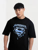 Men's Black Boxy Fit Character Superman Printed Crew Neck T-Shirt