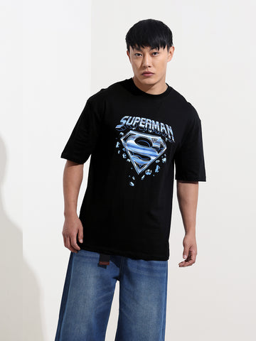 Men's Black Boxy Fit Character Superman Printed Crew Neck T-Shirt
