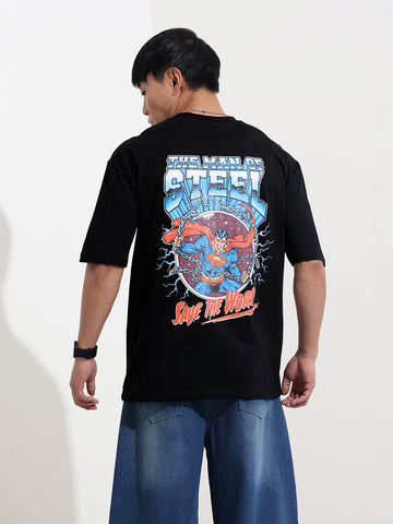 Men's Black Boxy Fit Character Superman Printed Crew Neck T-Shirt