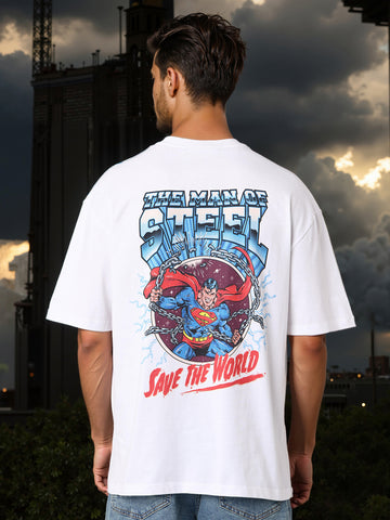 Men's White Boxy Fit Character Superman Printed Crew Neck T-Shirt