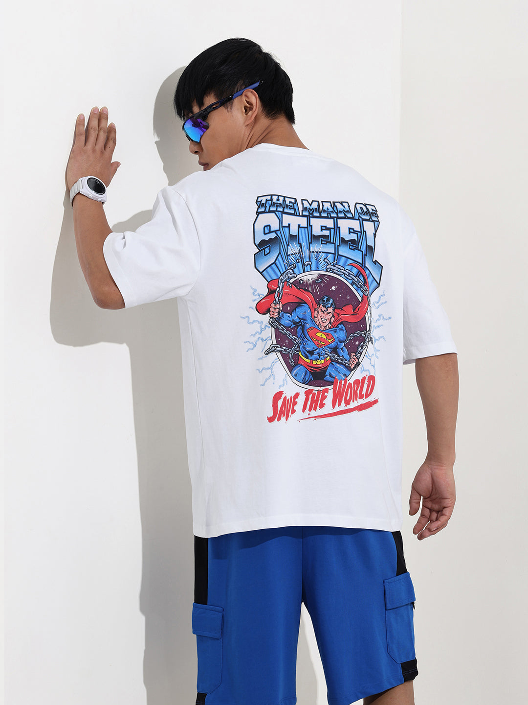 Men's White Boxy Fit Character Superman Printed Crew Neck T-Shirt