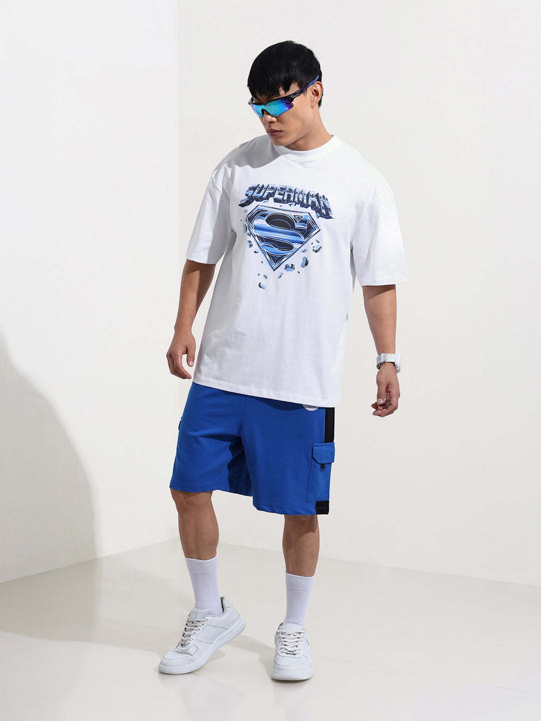 Men's White Boxy Fit Character Superman Printed Crew Neck T-Shirt