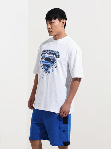 Men's White Boxy Fit Character Superman Printed Crew Neck T-Shirt
