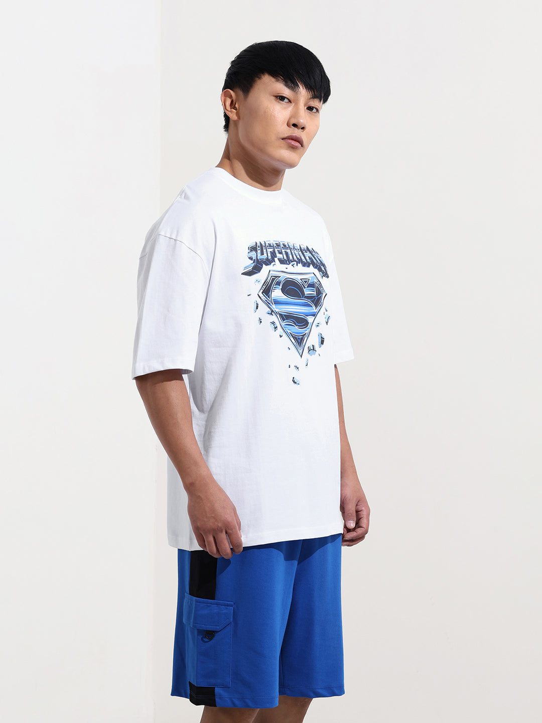 Men's White Boxy Fit Character Superman Printed Crew Neck T-Shirt