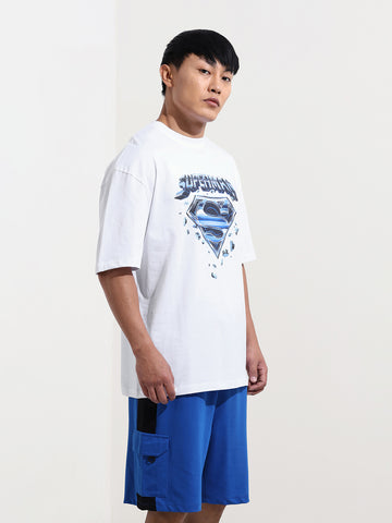 Men's White Boxy Fit Character Superman Printed Crew Neck T-Shirt