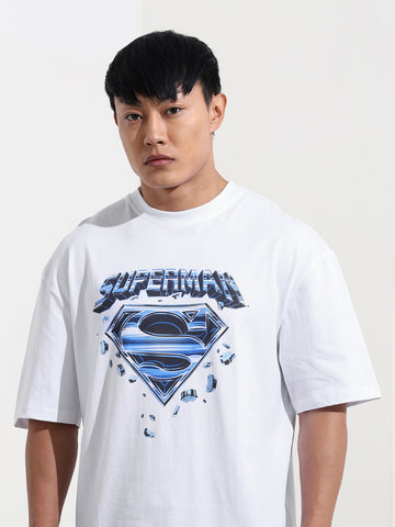 Men's White Boxy Fit Character Superman Printed Crew Neck T-Shirt