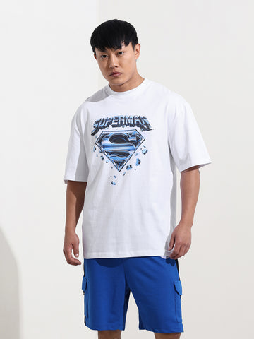 Men's White Boxy Fit Character Superman Printed Crew Neck T-Shirt