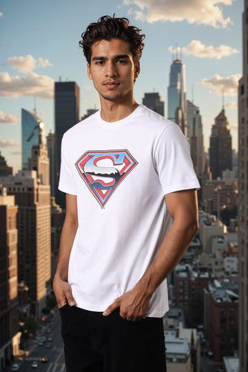 Men's White Slim Fit Character Superman Printed Crew Neck T-Shirt