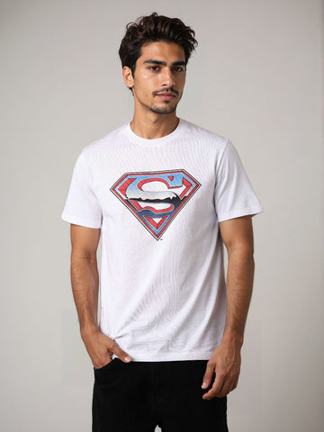 Men's White Slim Fit Character Superman Printed Crew Neck T-Shirt