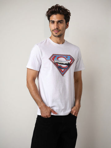 Men's White Slim Fit Character Superman Printed Crew Neck T-Shirt