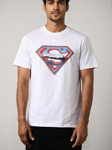 Men's White Slim Fit Character Superman Printed Crew Neck T-Shirt