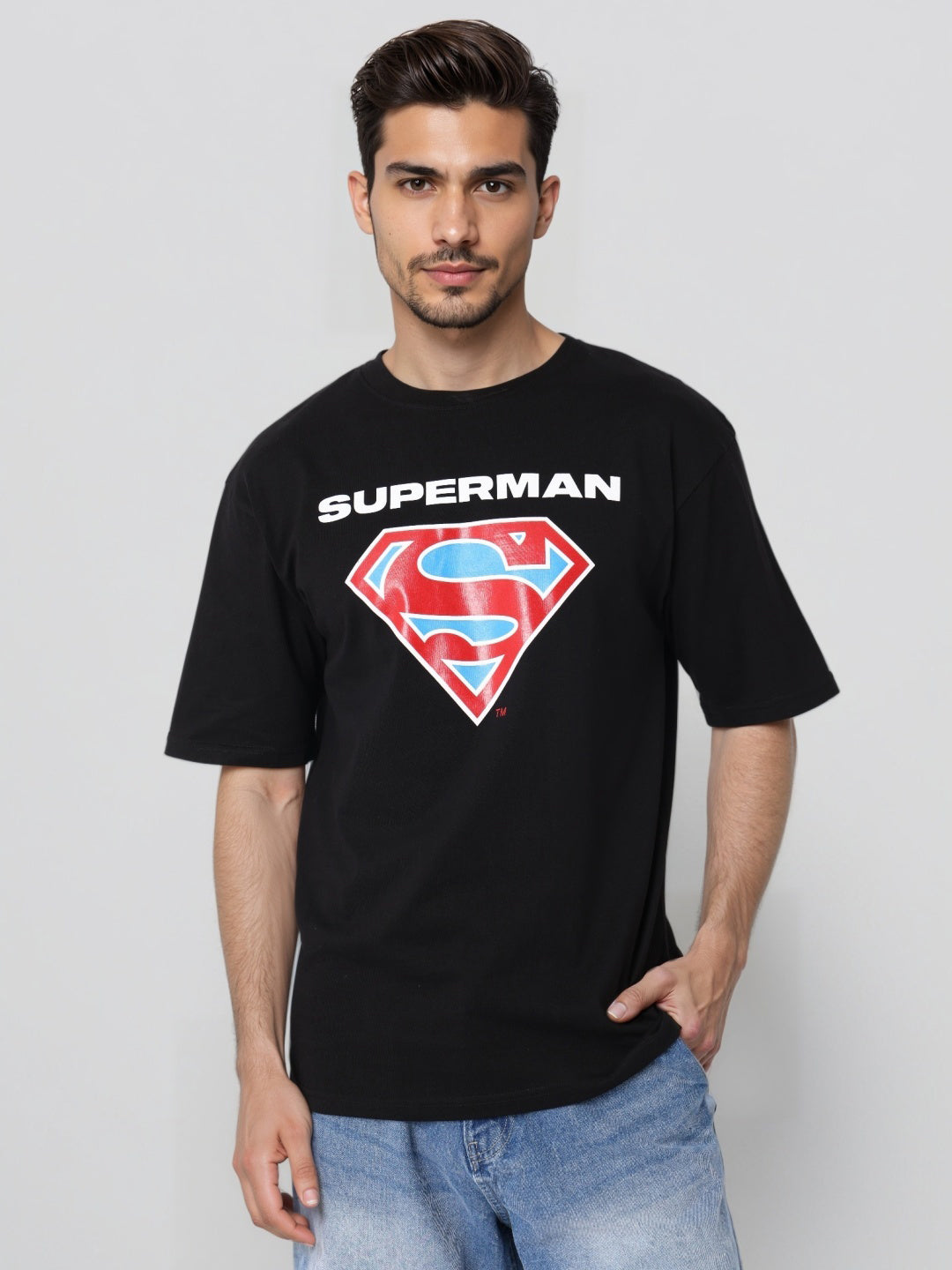 Men's Black Boxy Fit Character Superman Printed Crew Neck T-Shirt