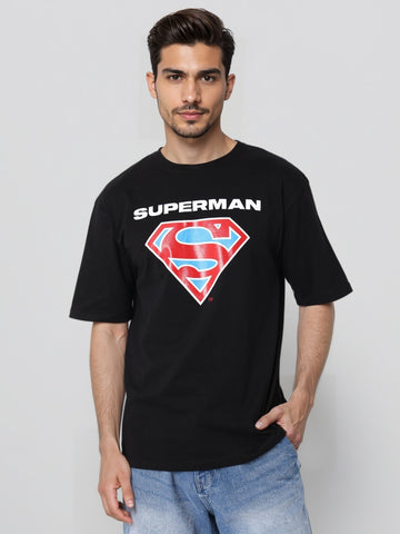Men's Black Boxy Fit Character Superman Printed Crew Neck T-Shirt