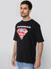 Men's Black Boxy Fit Character Superman Printed Crew Neck T-Shirt