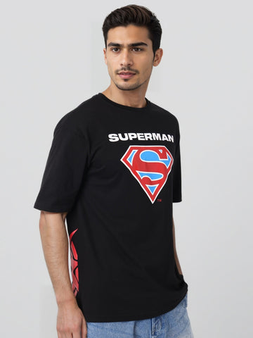 Men's Black Boxy Fit Character Superman Printed Crew Neck T-Shirt
