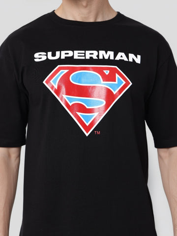 Men's Black Boxy Fit Character Superman Printed Crew Neck T-Shirt