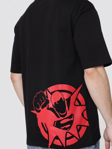Men's Black Boxy Fit Character Superman Printed Crew Neck T-Shirt