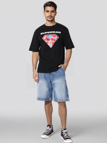 Men's Black Boxy Fit Character Superman Printed Crew Neck T-Shirt
