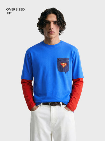Men's Blue Oversized Fit Super Man Character T-Shirt