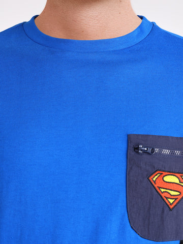 Men's Blue Oversized Fit Super Man Character T-Shirt