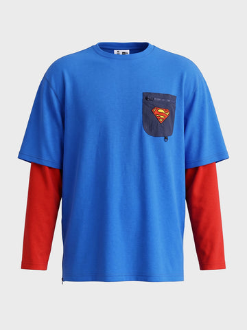 Men's Blue Oversized Fit Super Man Character T-Shirt