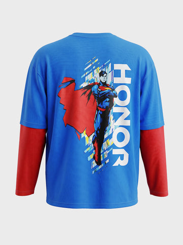 Men's Blue Oversized Fit Super Man Character T-Shirt