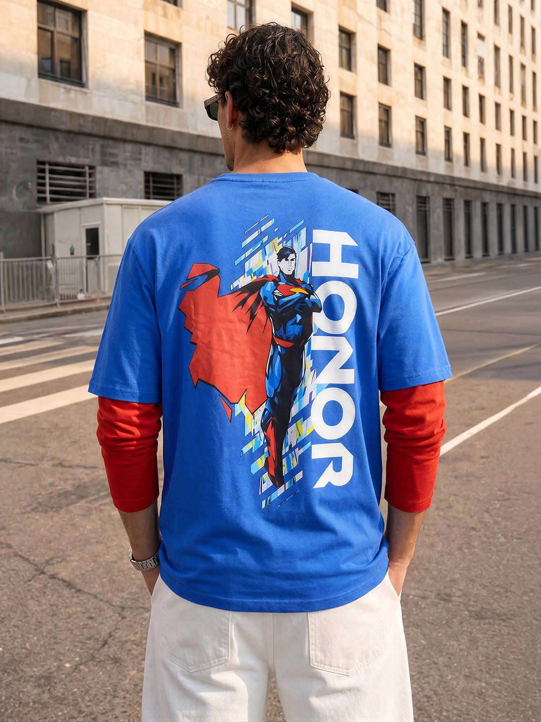 Men's Blue Oversized Fit Super Man Character T-Shirt