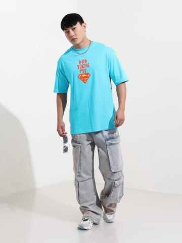 Men's Blue Boxy Fit Character Superman Printed Crew Neck T-Shirt