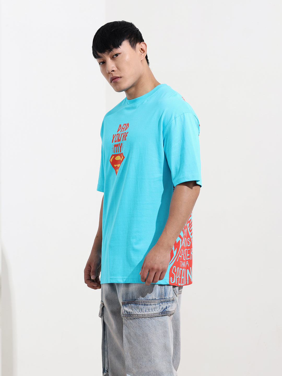 Men's Blue Boxy Fit Character Superman Printed Crew Neck T-Shirt