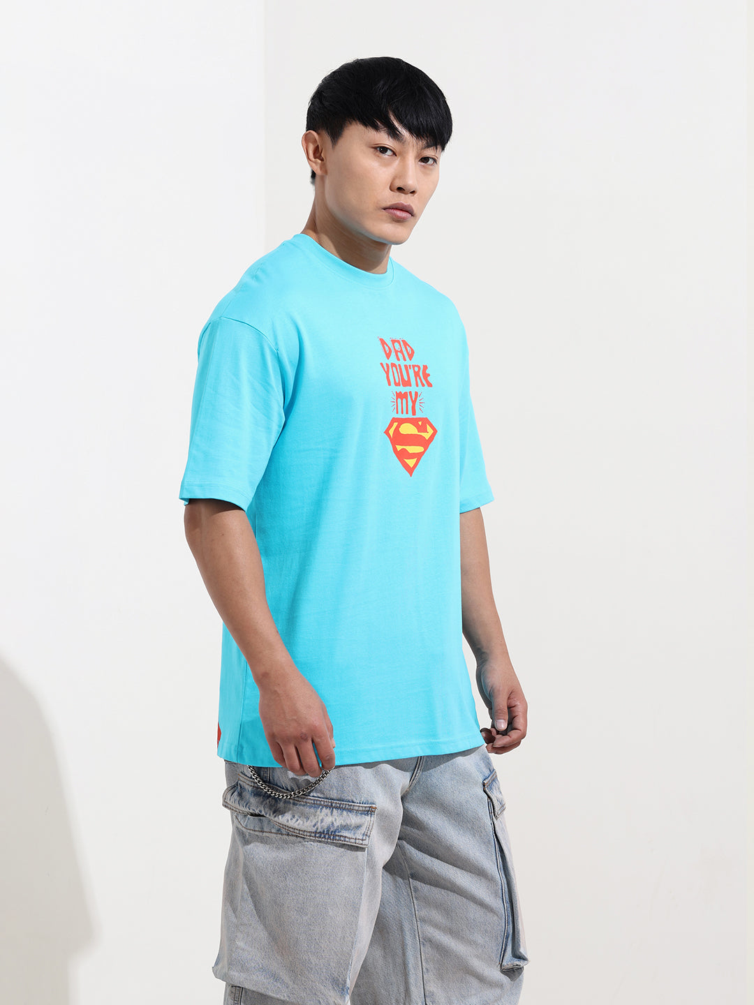 Men's Blue Boxy Fit Character Superman Printed Crew Neck T-Shirt