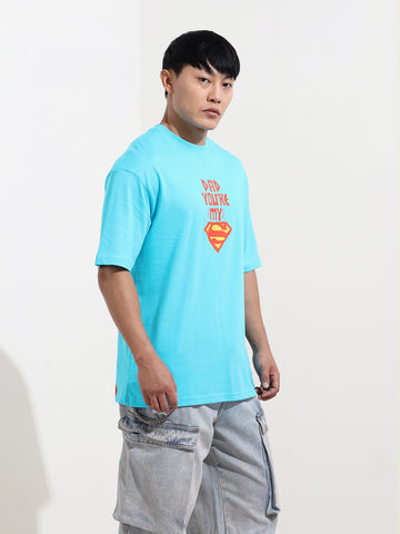Men's Blue Boxy Fit Character Superman Printed Crew Neck T-Shirt
