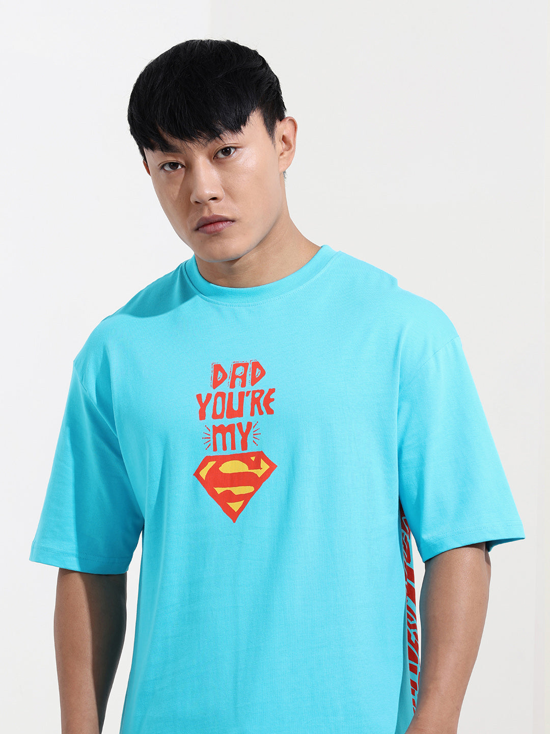 Men's Blue Boxy Fit Character Superman Printed Crew Neck T-Shirt