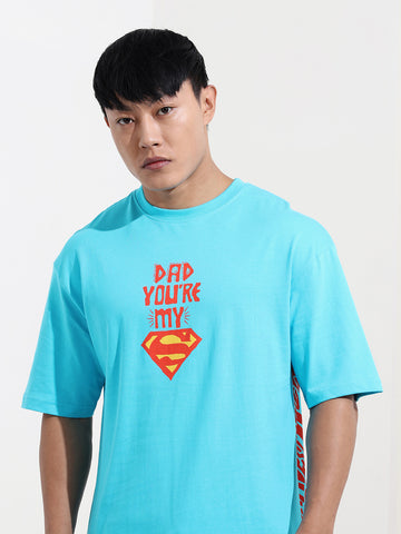 Men's Blue Boxy Fit Character Superman Printed Crew Neck T-Shirt