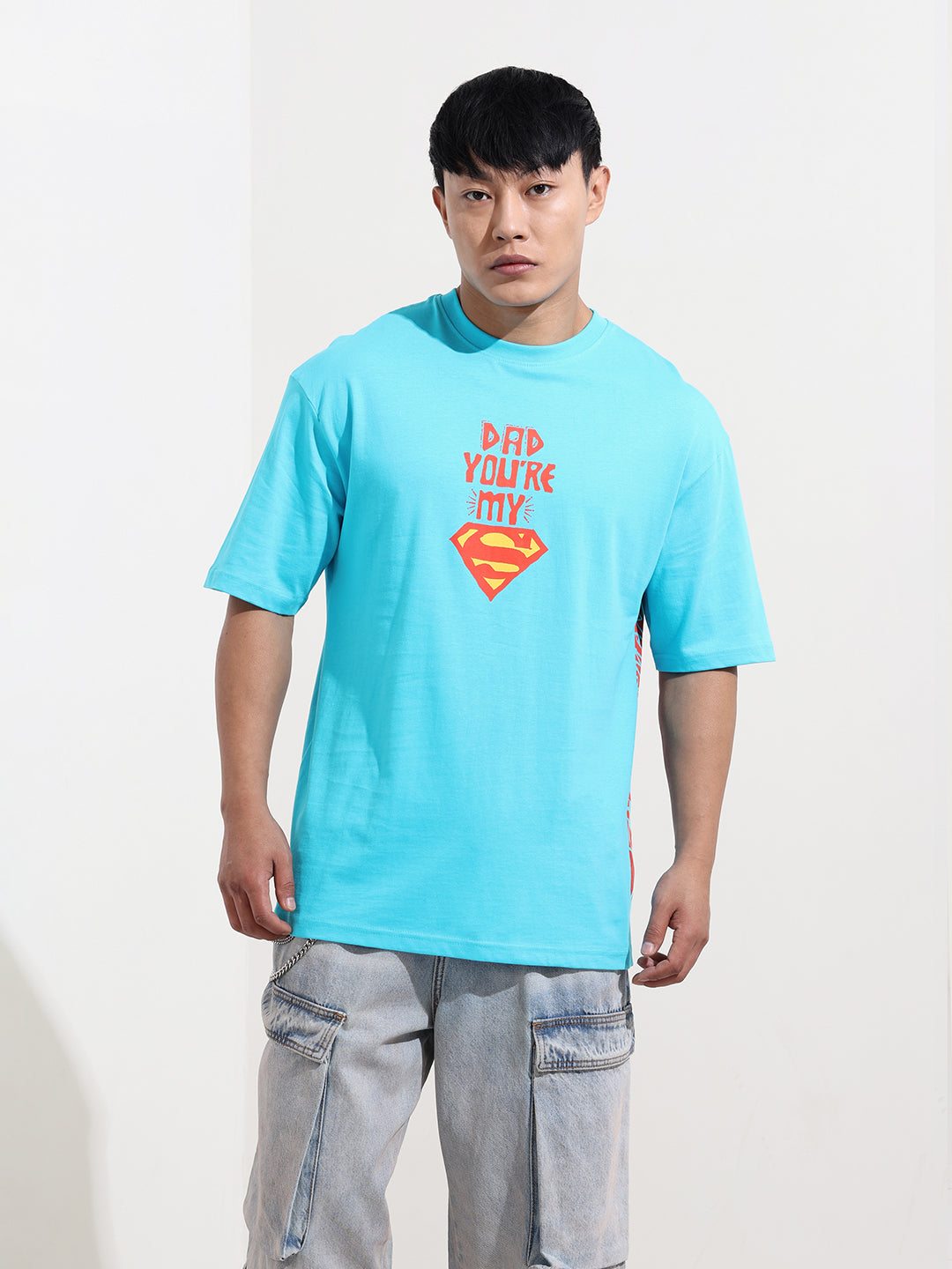 Men's Blue Boxy Fit Character Superman Printed Crew Neck T-Shirt